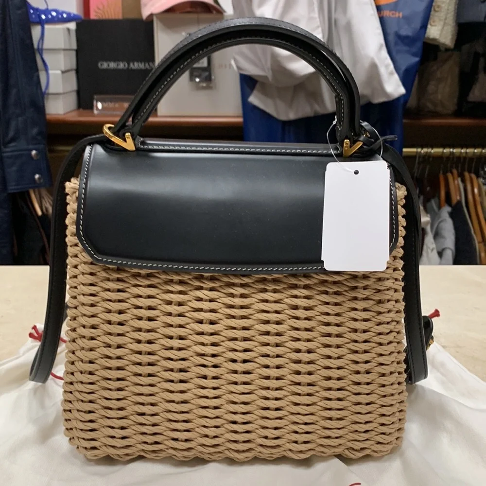 SALVATORE FERRAGAMO MEDIUM BOXYZ LEATHER TRIMMED NATURAL STRAW TOP HANDLE BAG - Picture 11 of 16